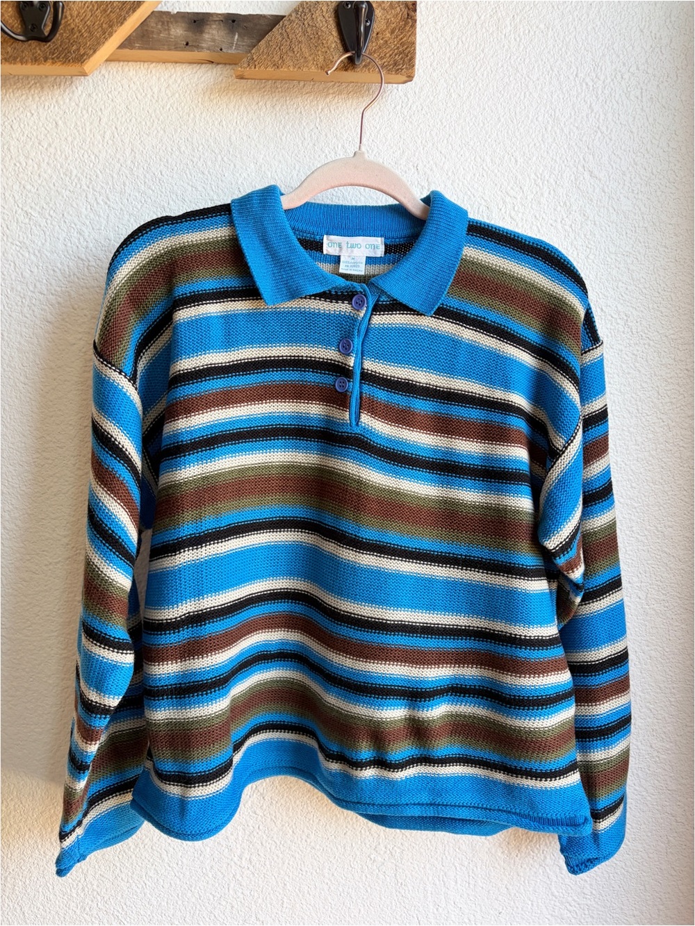 Vintage Blue Striped Henley Knit Sweater Medium